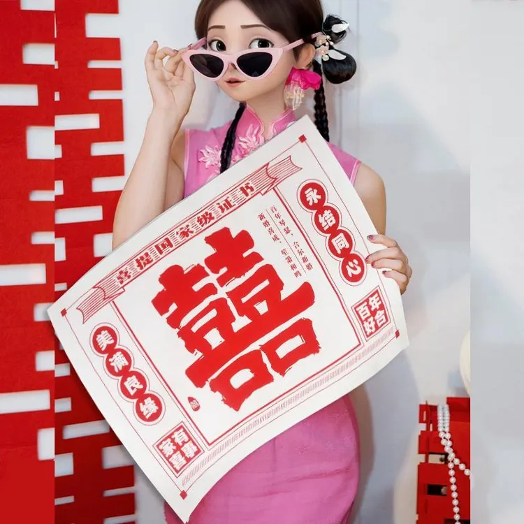 小红书喜字报纸手持新娘伴娘团结婚礼晨袍拍照复古风丝巾眼镜道具