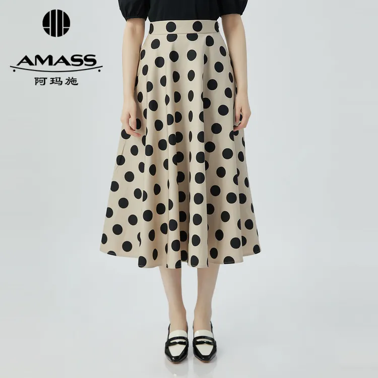 阿玛施AMASS新款女装高腰波点伞裙优雅减龄中长款半身裙5200428