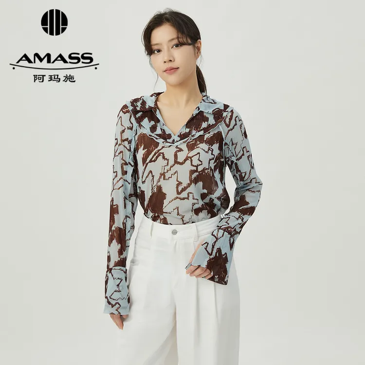 阿玛施AMASS百搭气质复古千鸟格轻盈飘逸透视长袖印花衬衫5300985