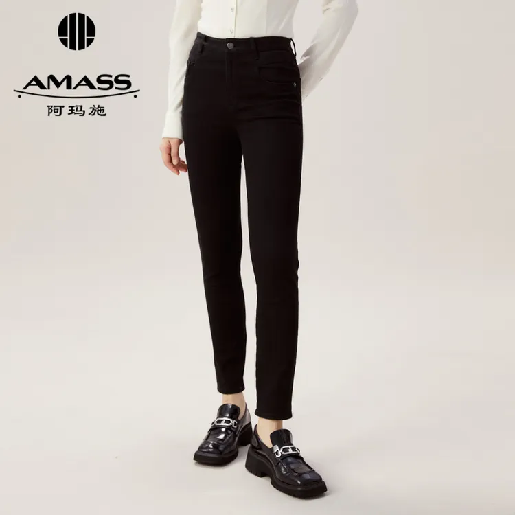 阿玛施AMASS高腰弹力加绒裤修身显瘦丹宁风牛仔小脚裤5100241-2