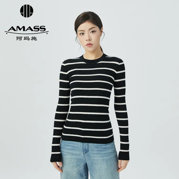 阿玛施AMASS新款女装绵羊毛圆领基础百搭条纹长袖针织衫女5399639