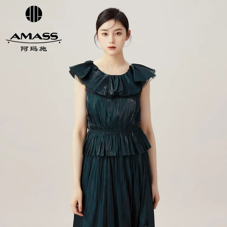 阿玛施AMASS时尚气质显瘦甜美光泽感短袖衬衫松紧腰上衣女5300839