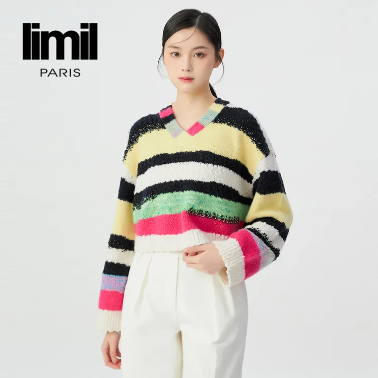 阿玛施丽米儿limil新款绵羊毛条纹色彩混织V领毛衣针织衫9399672