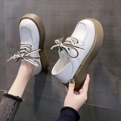 尖头春新百搭大头松糕底鞋系带小厚底女秋季乐福鞋学院风单鞋