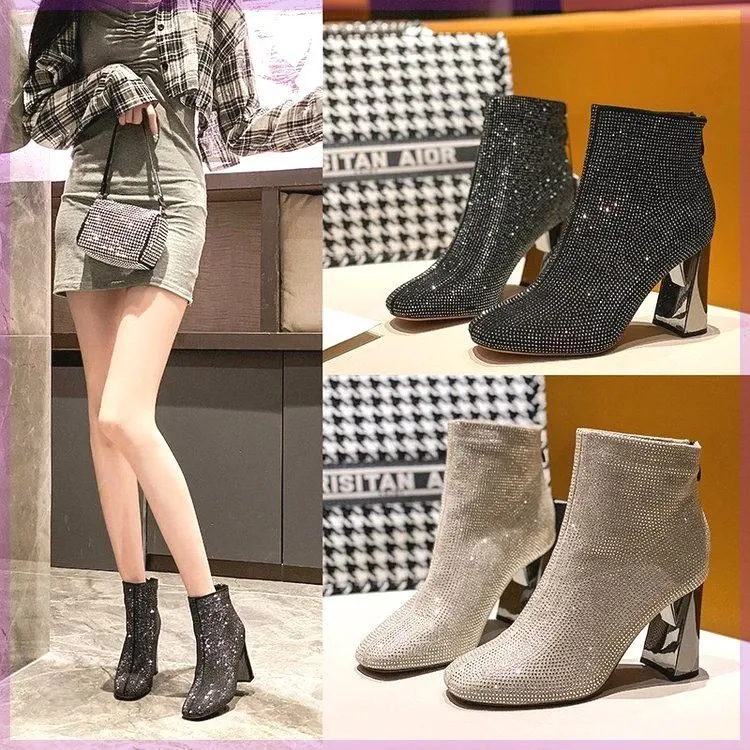 磨砂皮春秋短靴女2023年瘦瘦靴方头马丁冬季新款百搭鞋秋冬靴