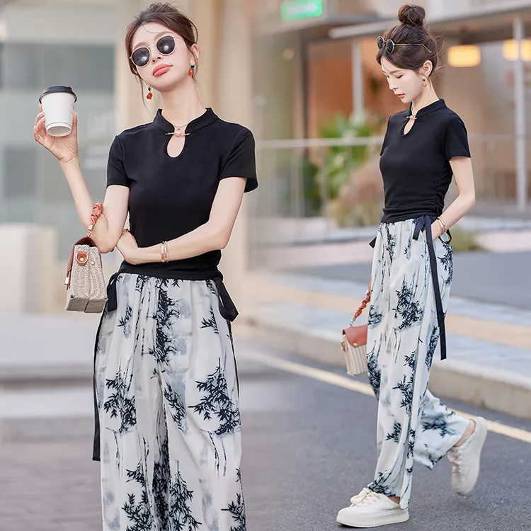 流行时尚女装套装女新中式水墨G风夏季时尚短袖T恤直筒裤两件套