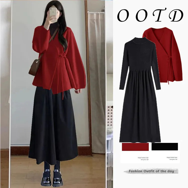 哺乳衣外出时尚辣妈款秋冬季针织连衣裙两件套潮妈孕妇喂奶衣套装