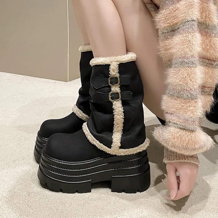 10cm超厚底裤管靴女2025新款冬季加绒小个子增高美拉德中筒雪地靴