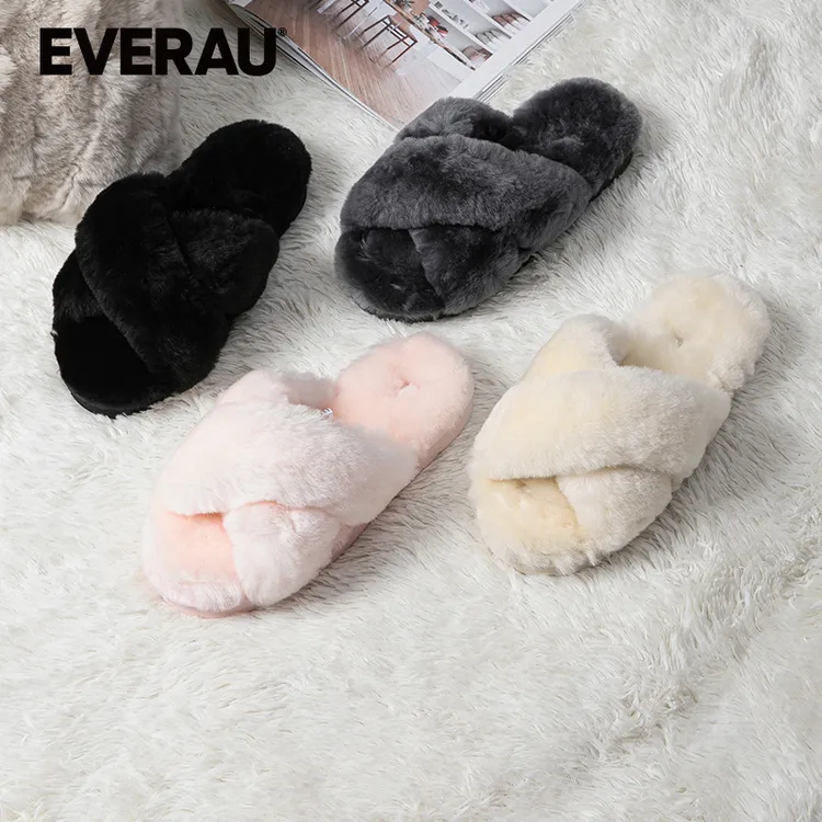 【LH_口口】EVERAU交叉羊毛皮毛一体棉拖鞋外穿百搭防滑保暖棉拖露趾EA2047