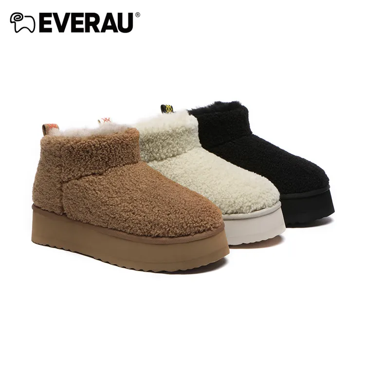 EVERAU秋冬季女靴雪地靴穿搭经典短筒厚底增高毛毛鞋保暖EA3146