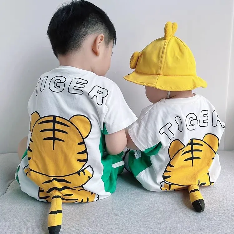 夏季婴儿恐龙套装网红男童女童短袖运动两件套宝宝超萌小老虎衣服