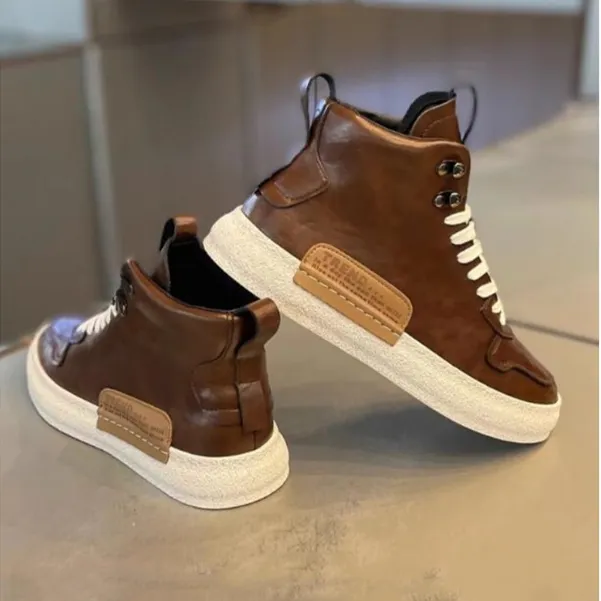 皮鞋复古秋冬平底休闲加绒高帮皮面秋季冬季鞋子厚底男士休闲男鞋