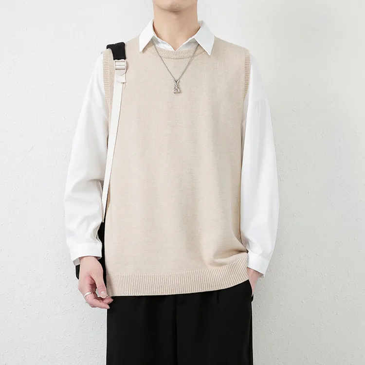 秋季男士纯色毛背心圆领无袖坎肩宽松潮流学院风针织马甲毛衣