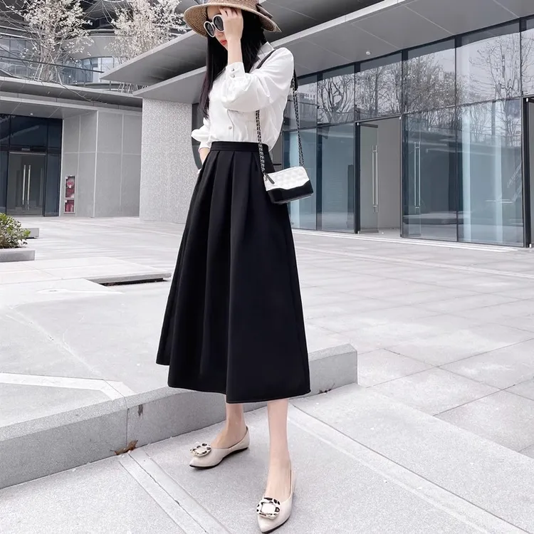 气质白色垂感显瘦半身裙百褶中长款高腰a字裙伞裙法式高腰西装裤