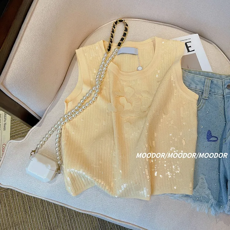 黄色针织小香背心女夏季重工亮片洋气减龄无袖设计感小众高端上衣