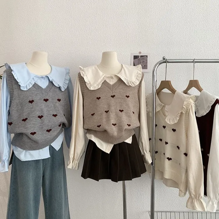 V领爱心无袖针织马甲+娃娃领纯色长袖打底衬衫两件套1806
