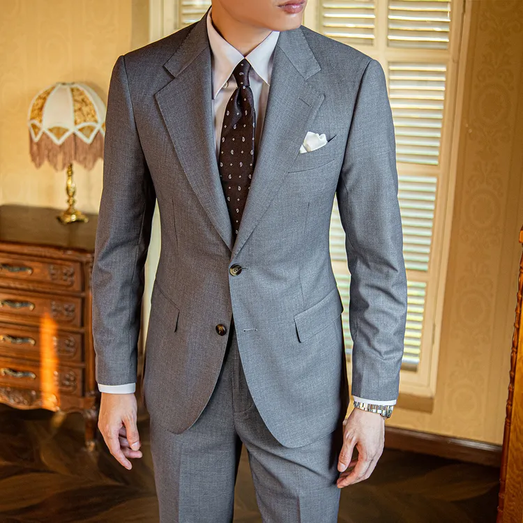 谷巢男士灰色西服意式商务休闲单排扣平驳领意式西装套装352