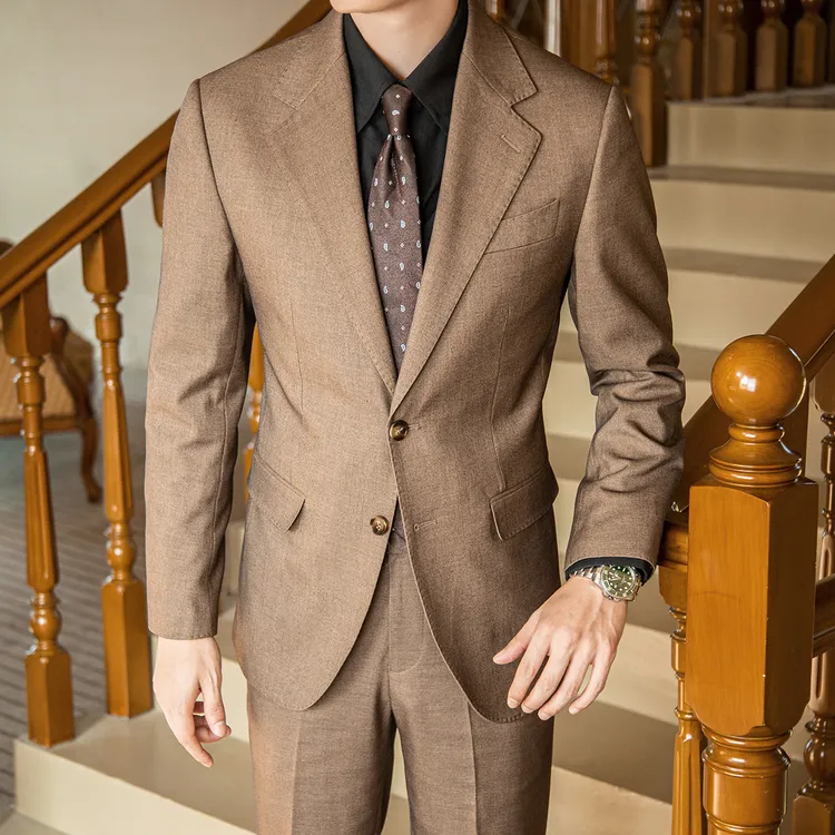 西服套装咖色意式修身雅痞男士西装西服礼服青年小西装结婚男士