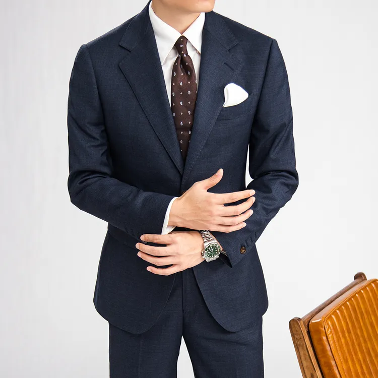 谷巢高定工艺系列藏蓝色男士意式修身商务休闲新郎西服西装套装