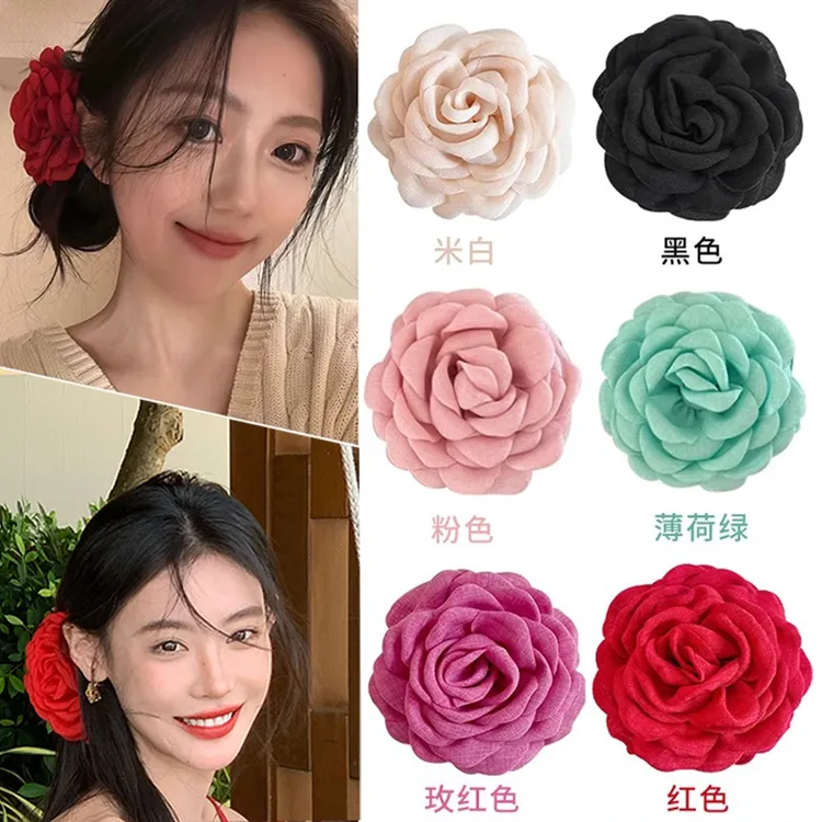 大红花抓夹头饰高级感干枯玫瑰花发夹头花发饰网红新款时尚鲨鱼夹