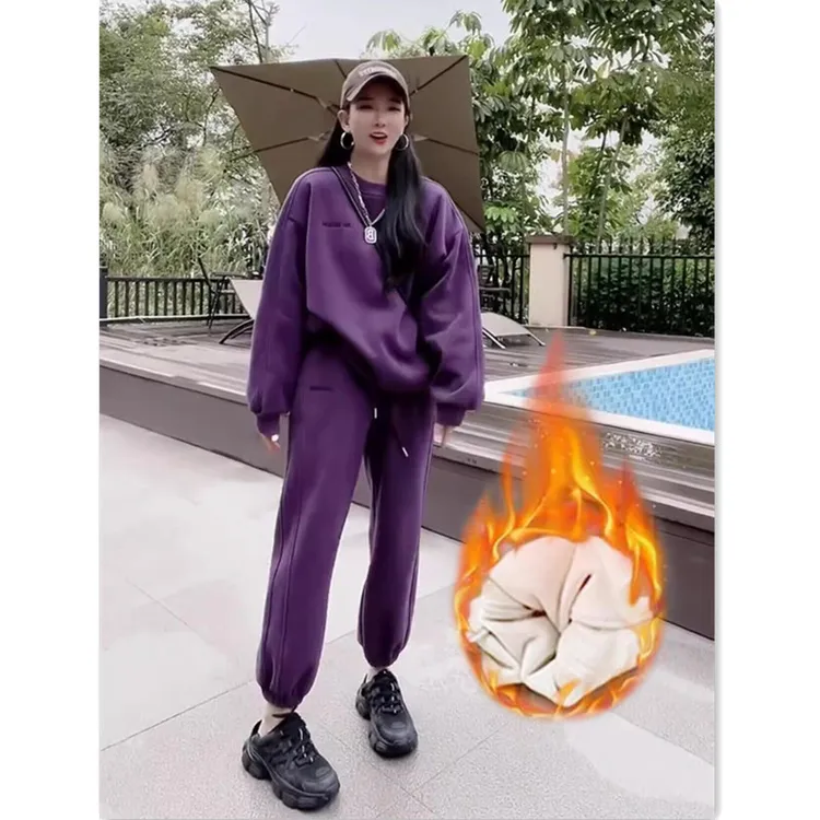 2025秋冬季新款休闲套装圆领宽松加绒卫衣卫裤显瘦百搭洋气两件套
