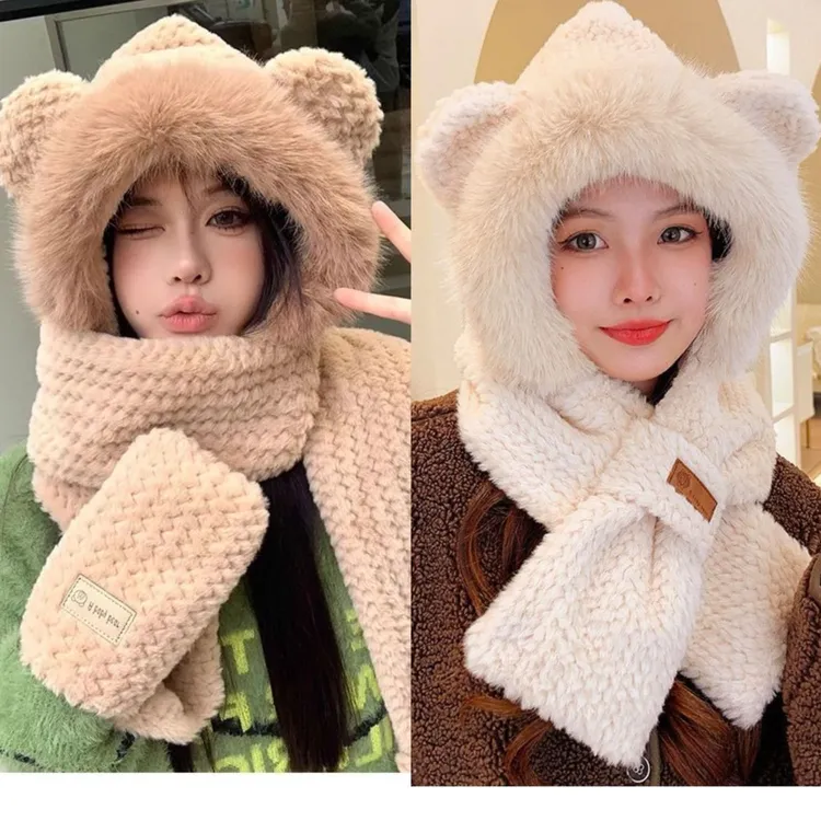 冬天帽子小熊耳朵毛绒帽子三合一保暖帽子围巾手套一体保暖帽子女