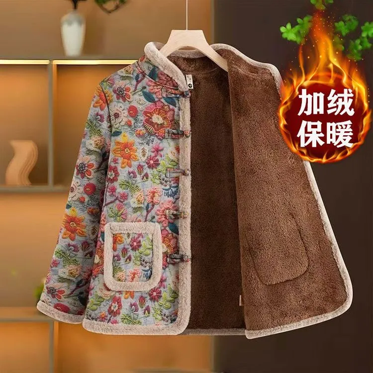 2024冬季新款加绒棉衣中式盘扣加厚棉服时尚碎花保暖盘扣棉袄外套