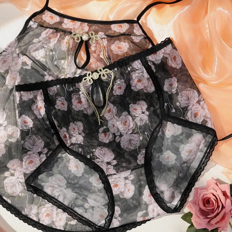 璀璨【90-200斤】大码优雅镂空性感吊带女士睡裙+内裤套装 8004