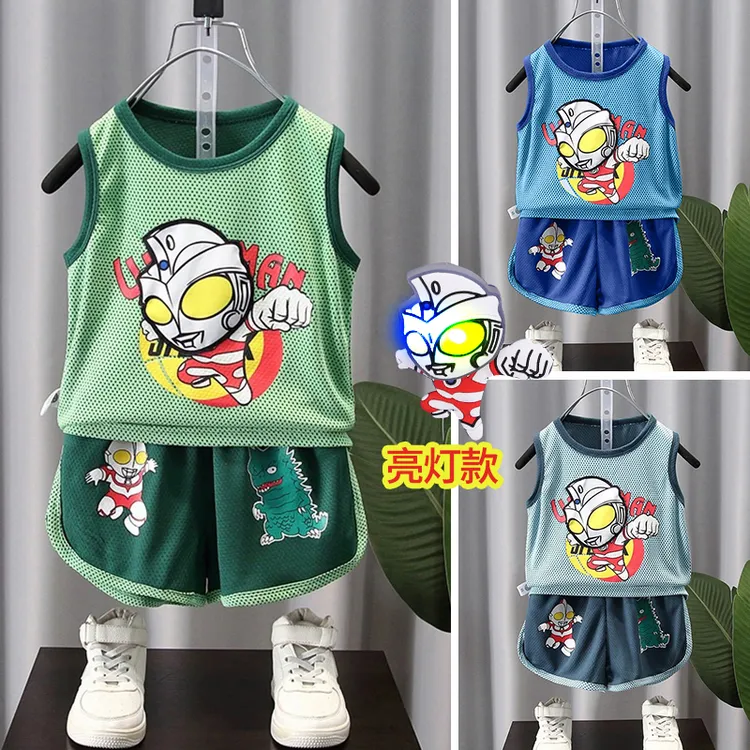 奥特曼衣服男童运动套装夏季男孩薄款速干透气无袖中大童洋气卡通