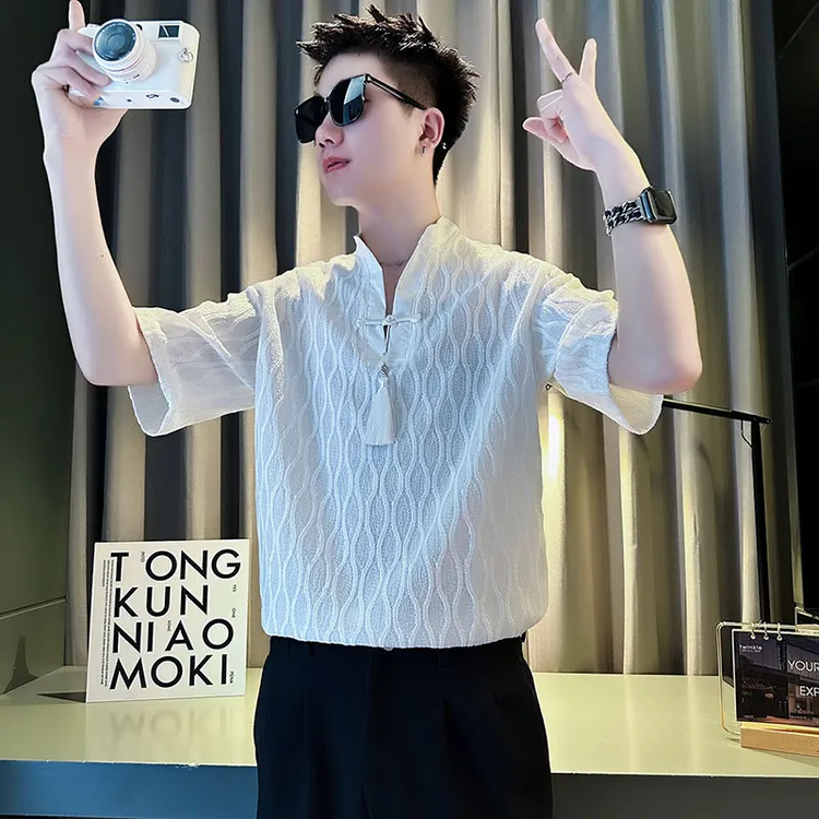 中式国风流苏装饰短袖POLO衫男士夏季潮牌半袖T恤2024新款男t上衣