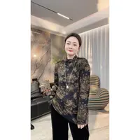 【冲姐】半高领宽松网纱印花长袖时尚百搭长袖t恤洋气显瘦打底小衫