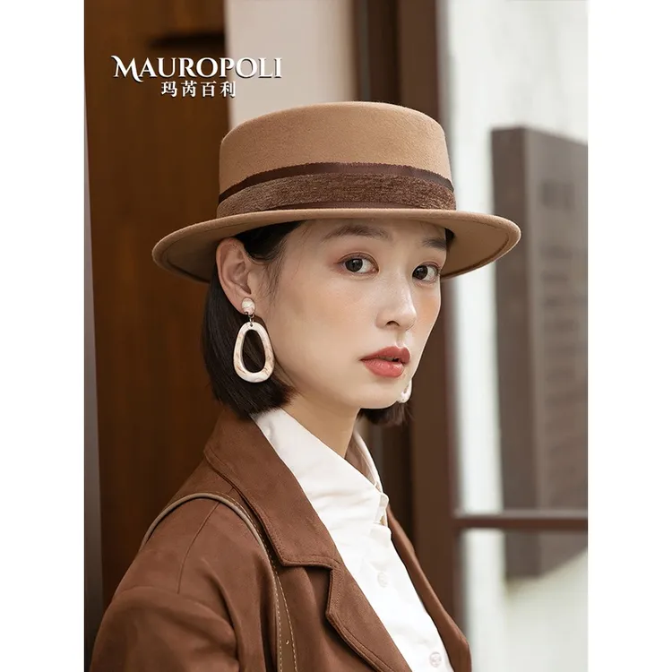 MauroPoli/玛芮百利法式复古平顶礼帽女时尚秋冬季羊毛高级帽子