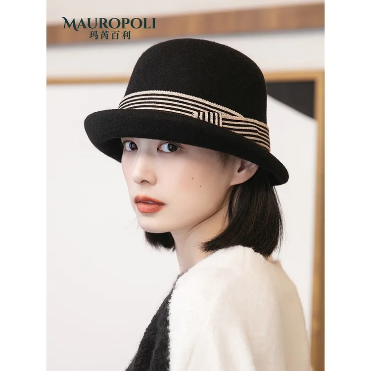 MauroPoli/玛芮百利卷边盆帽女秋冬新款羊毛帽子复古优雅时尚毡帽