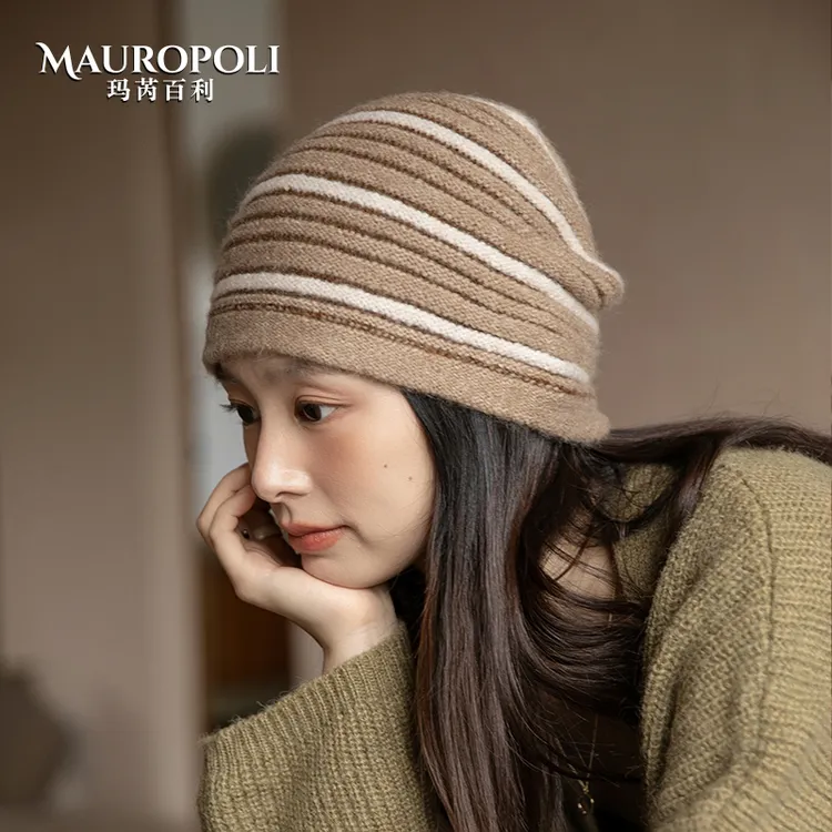 秋冬新款堆堆帽冷帽女护耳保暖针织帽子日系慵懒风条纹包头毛线帽
