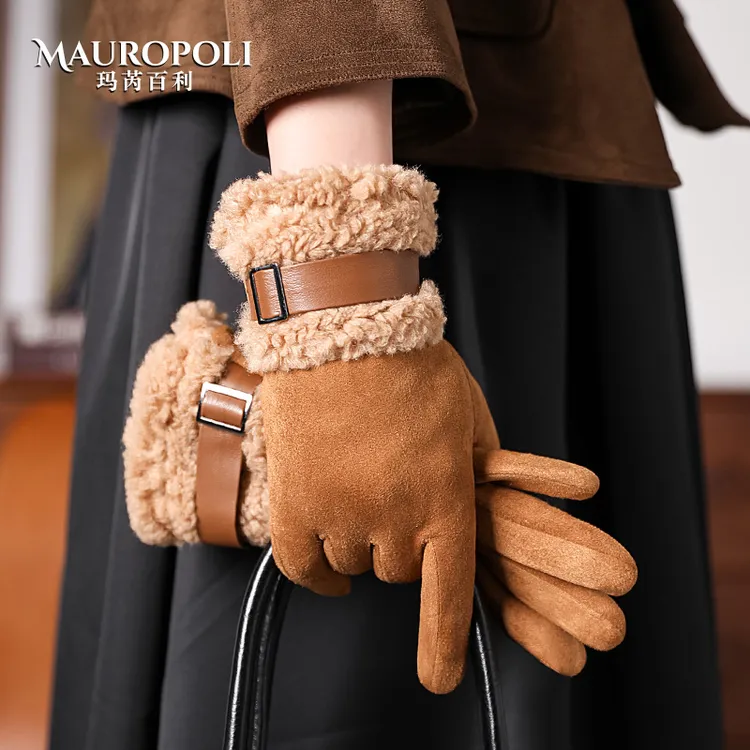 MauroPoli/玛芮百利麂皮绒防寒保暖手套女冬季加绒加厚高级帽子