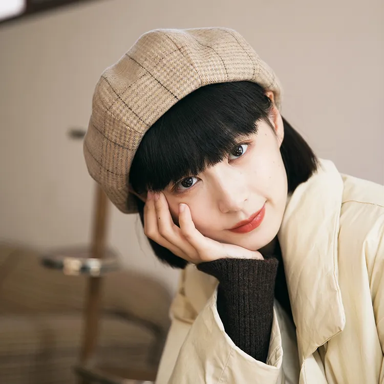 MauroPoli/玛芮百利格纹贝雷帽女秋冬八角帽日系韩版百搭羊毛女士