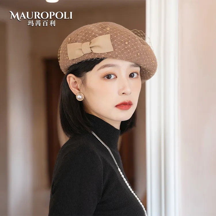 MauroPoli/玛芮百利时尚复古网纱贝雷帽女秋冬新款优雅羊毛画家帽