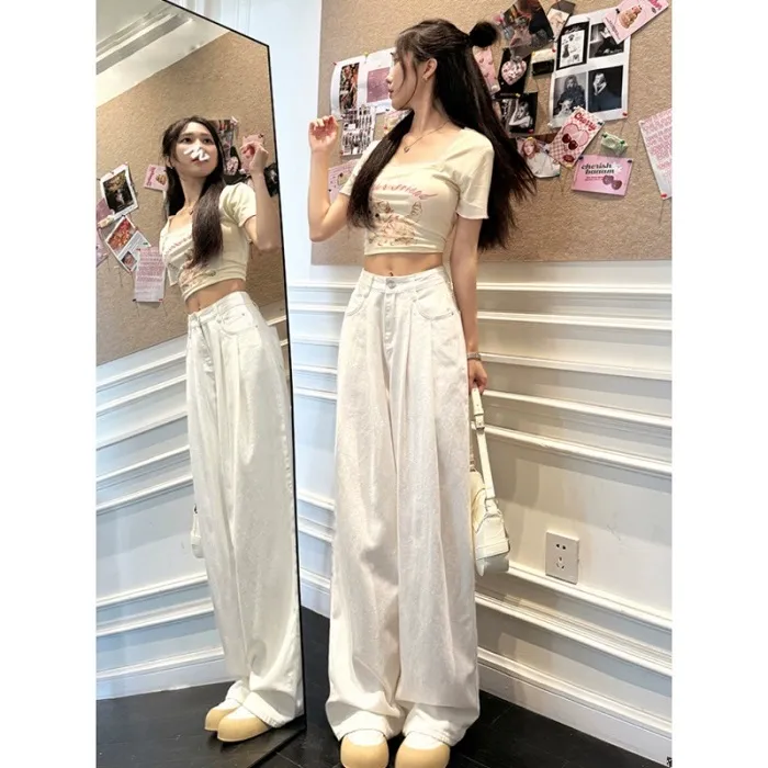 白色高腰阔腿牛仔裤女春秋2025新款褶皱高级感宽松直筒垂感拖地裤
