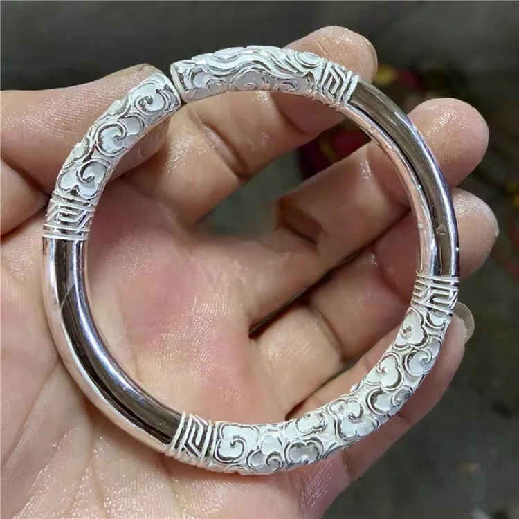 足银手镯 金箍棒纯手工实心手镯 