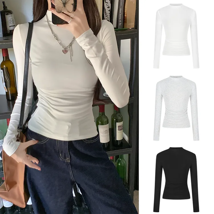 【超超专属】魔西女王半高领长袖打底衫百搭抽褶修身显瘦内搭上衣