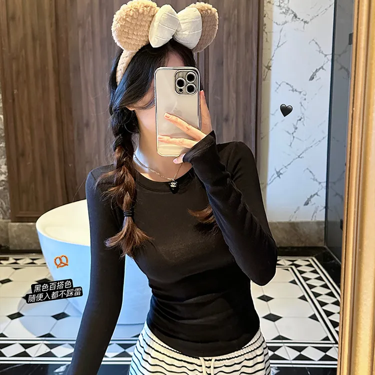 Moses Queen/魔西女王正肩T恤女早秋收腰显瘦长袖弹力打底衫女