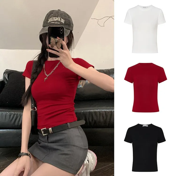 Moses Queen/魔西女王掐腰正肩t恤黑色短袖女短款辣妹运动打底衫