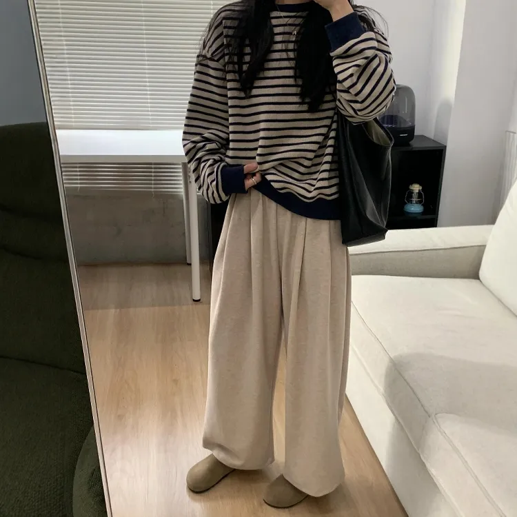 韩国chic高级感慵懒舒适条纹卫衣搭配磨毛阔腿裤两件套女ins秋季