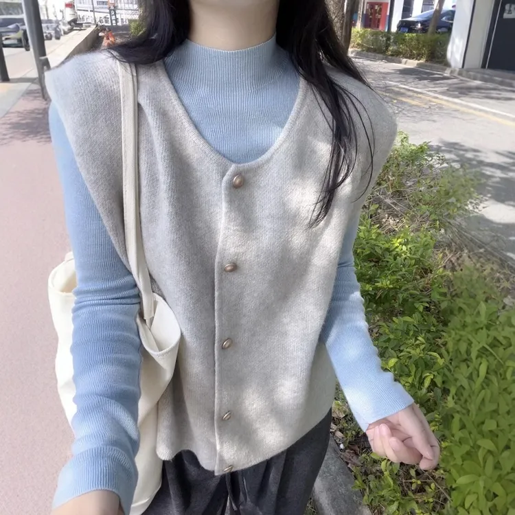 法式漂亮小香风叠穿上衣女2025秋季修身显瘦打底衫搭配针织马甲