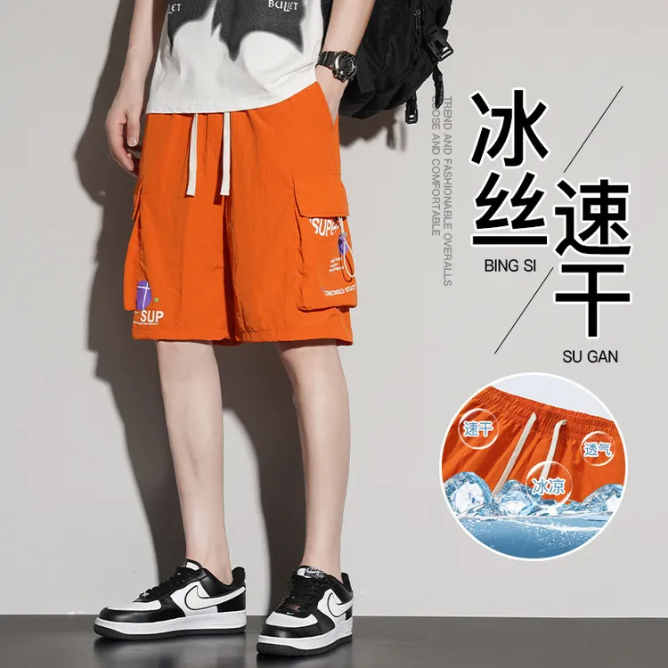 夏装裤子男冰丝休闲裤男士工装港风多口袋宽松薄款直筒运动情侣裤