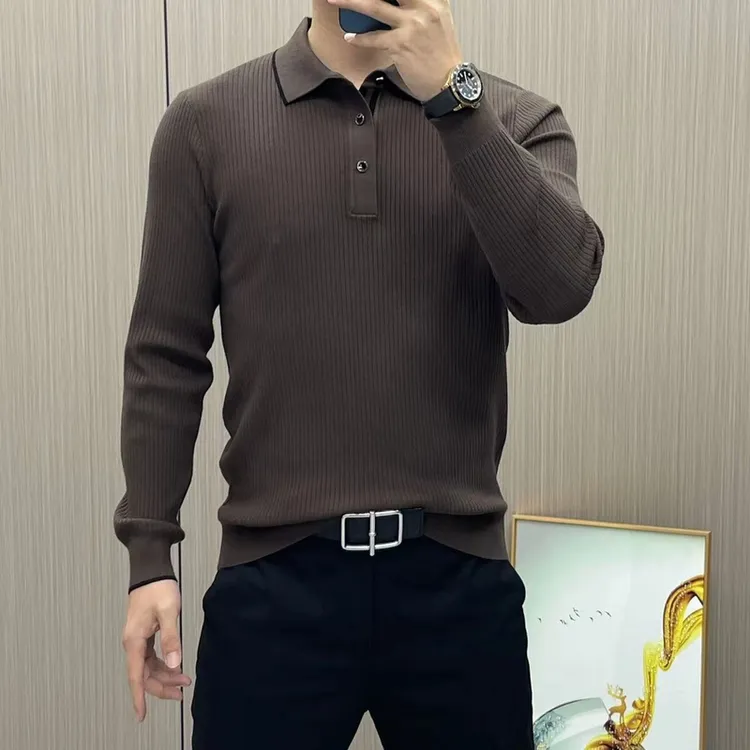 男款秋冬新品纯色商务休闲翻领高品质时尚长袖针织毛衣长袖轻