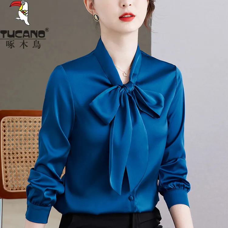 TUCANO/啄木鳥蝴蝶结绸缎面衬衫女长袖上衣春秋新款时尚职业衬衣