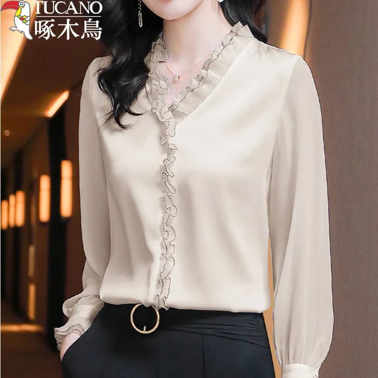 TUCANO/啄木鳥木耳V领雪纺衫网纱衬衫女长袖上衣春秋新款衬衣洋气