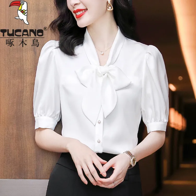 TUCANO/啄木鳥蝴蝶结绸缎面衬衫女短袖上衣气质夏季新款职业衬衣