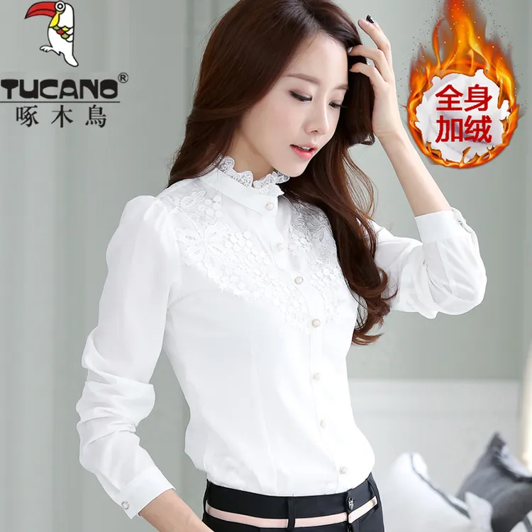 TUCANO/啄木鳥立领衬衫女长袖加绒厚保暖春秋冬蕾丝雪纺打底衬衣